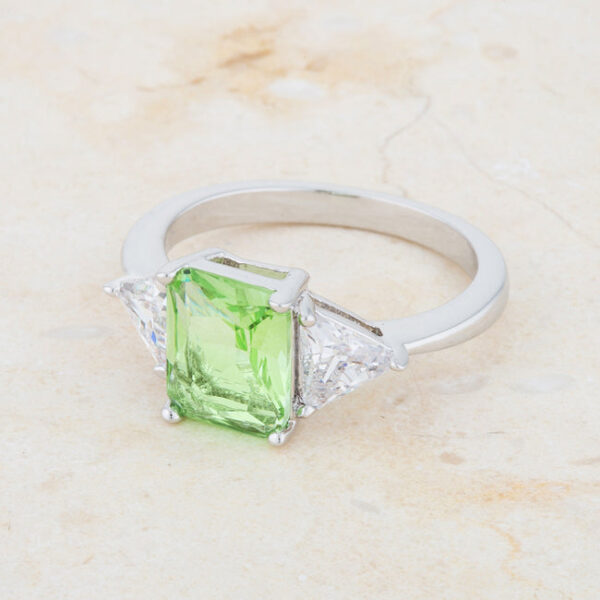 Green trillion-cut cubic zirconia ring in prong settings with 4.5 ct total carat weight.