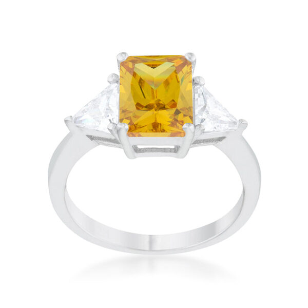 Close angle of the ring showing the prong setting around the canary yellow center stone
