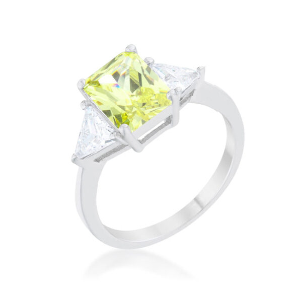 Peridot-colored cubic zirconia engagement ring with a trillion cut and prong setting, rhodium plated over lead free alloy (brass).