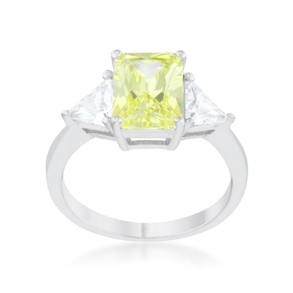 Classic bridal ring with 2.2mm width, peridot-colored cubic zirconia, and rhodium plated over lead free alloy (brass).