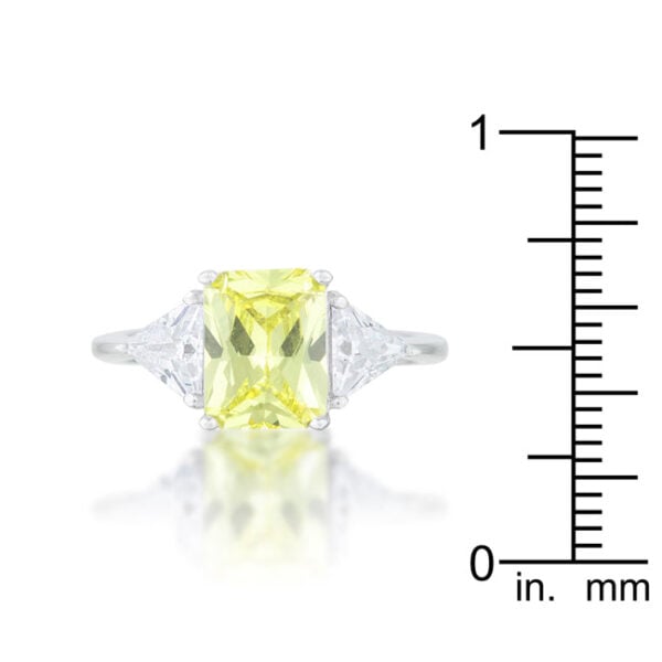 Trillion-cut genuine peridot-colored cubic zirconia held in prongs on a rhodium plated over lead free alloy (brass) ring.