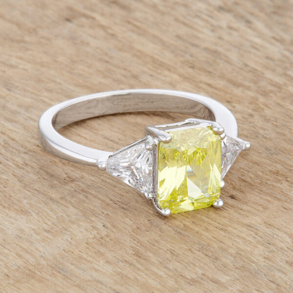 Classic engagement ring with a 9mm peridot-colored cubic zirconia and rhodium plated over lead free alloy (brass).