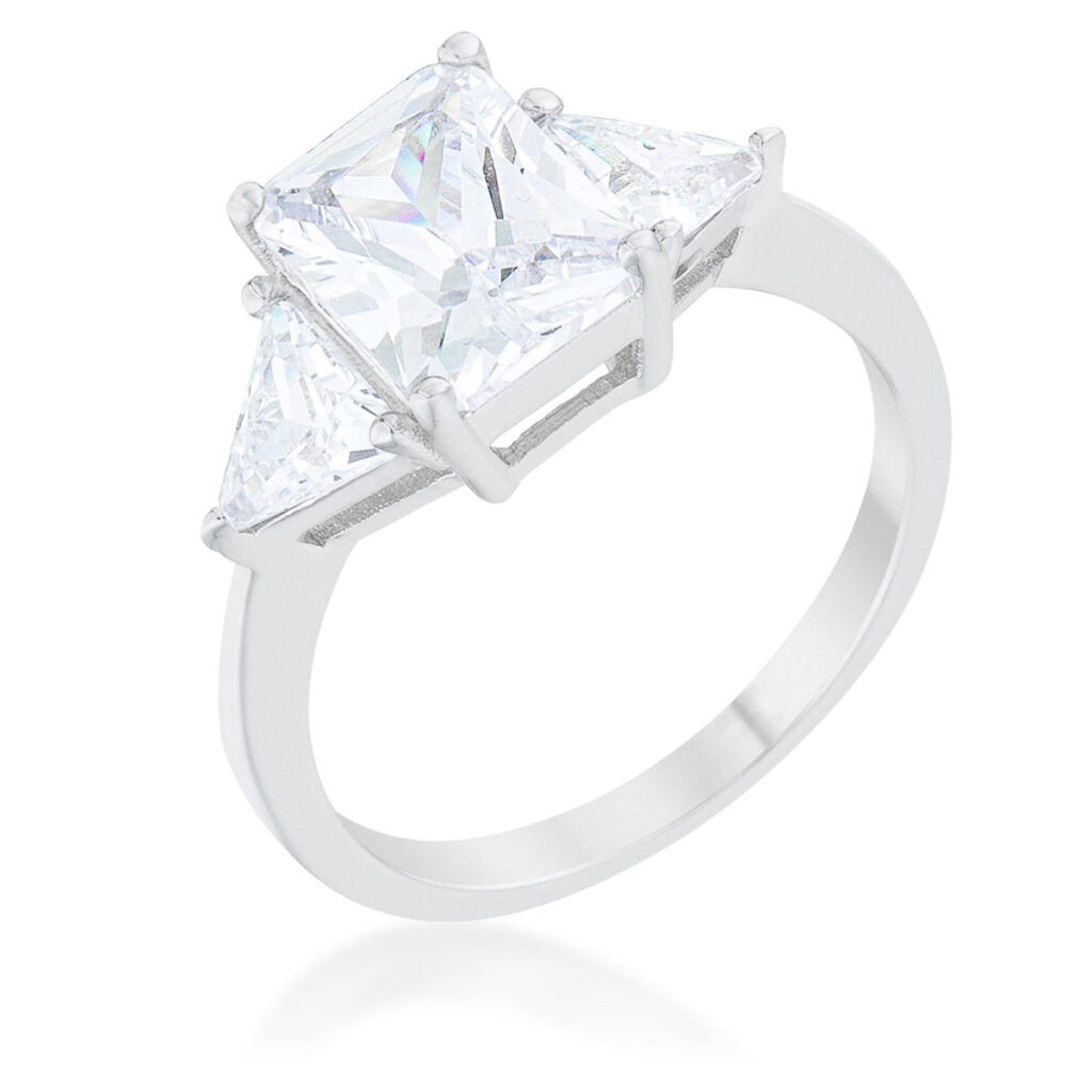 Clear radiant-cut cubic zirconia engagement ring held in prongs