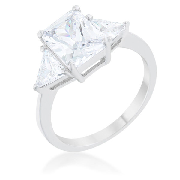 Clear radiant-cut cubic zirconia engagement ring held in prongs