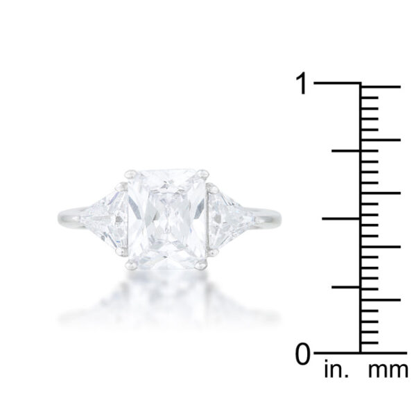 Bridal ring with radiant-cut cubic zirconia held in prongs