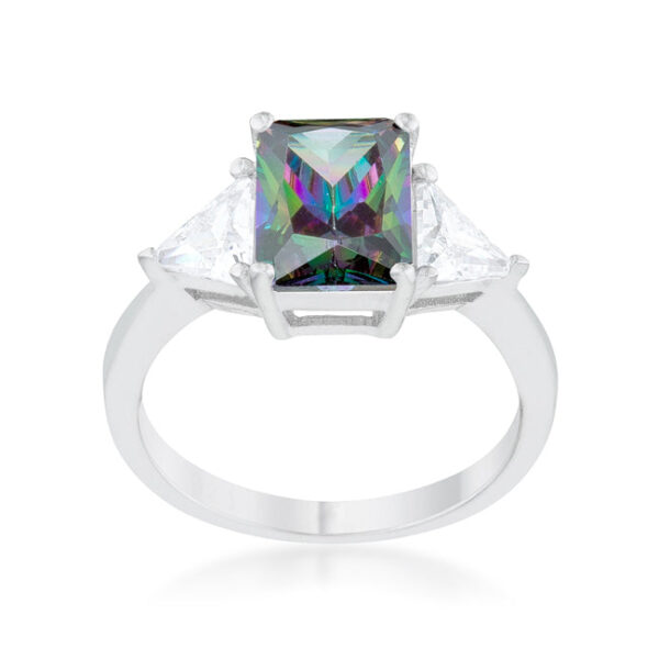 Classic bridal ring with cubic zirconia and genuine sapphire, finished in rhodium plating over .925 sterling silver.