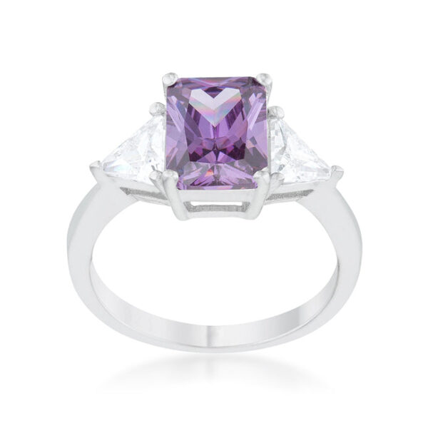 Classic bridal ring in rhodium plated over .925 sterling silver with prong-set amethyst-colored cubic zirconia