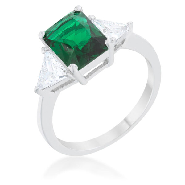 Emerald-colored radiant-cut cubic zirconia bridal ring in a prong setting, rhodium plated over .925 sterling silver.