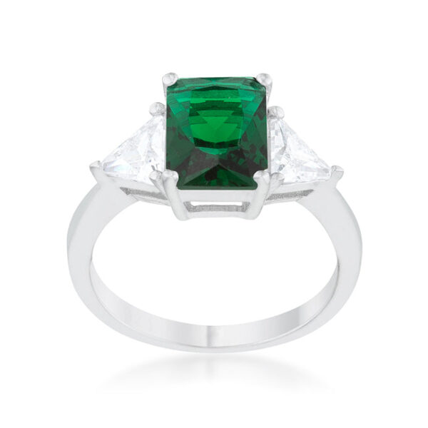 Classic bridal ring with 2.2mm width, prong-set emerald-colored cubic zirconia, and rhodium plated over .925 sterling silver.