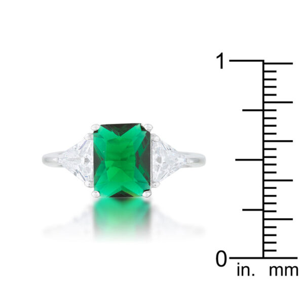 Radiant-cut emerald-colored cubic zirconia in a prong-set ring, rhodium plated over .925 sterling silver.