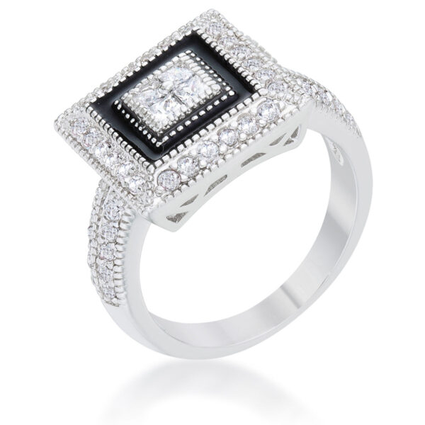 Antiqued ring with round All Clear cubic zirconia in a Pave setting, rhodium plated over lead free alloy (brass).