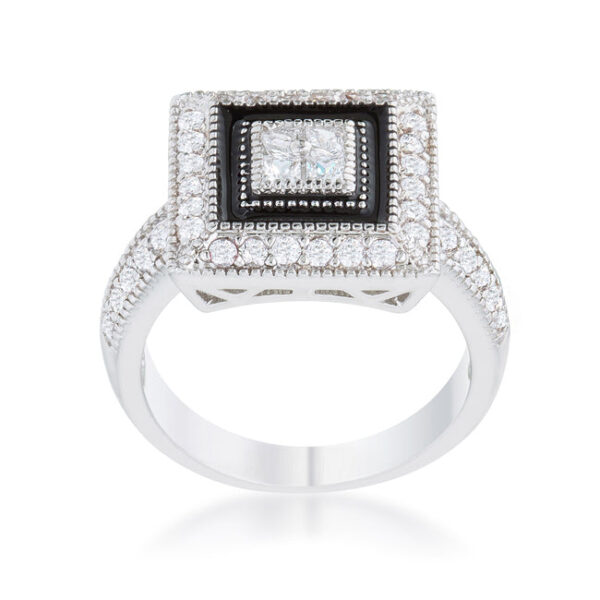 Antiqued rhodium plated over lead free alloy (brass) ring with round All Clear cubic zirconia in a Pave setting.