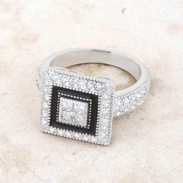 Antiqued cubic zirconia ring with 0.7 ct total stone weight, rhodium plated over lead free alloy (brass).