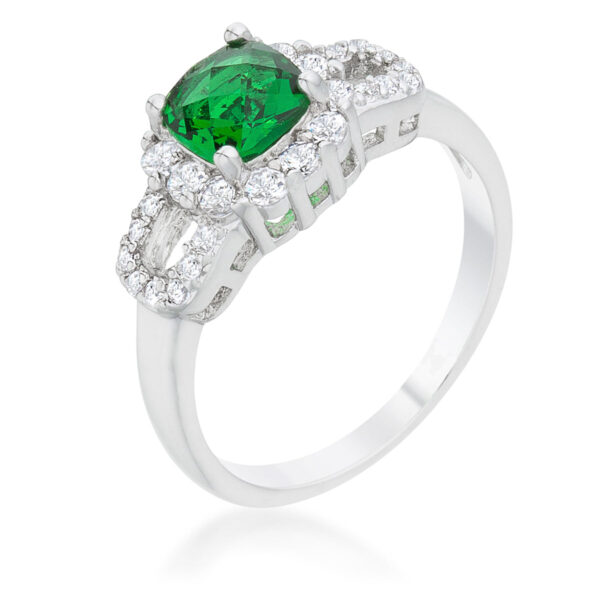 Emerald-colored cubic zirconia ring in rhodium plated over lead free alloy (brass), with cushion and round cuts in prong settings.