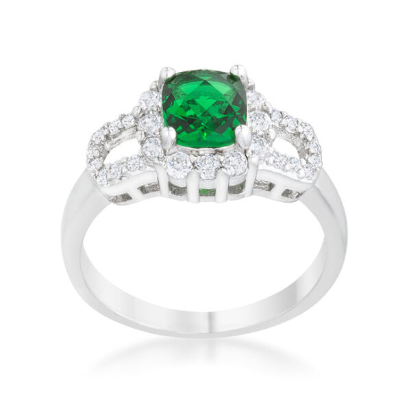 Bridal ring with genuine emerald-colored cubic zirconia and 1.1 ct total stone weight, rhodium plated over lead free alloy (brass).