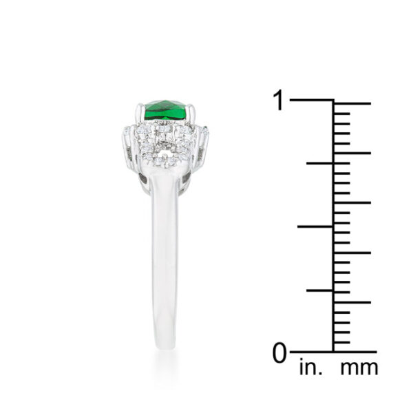 Prong-set cushion and round emerald-colored cubic zirconia on a rhodium plated over lead free alloy (brass) ring.
