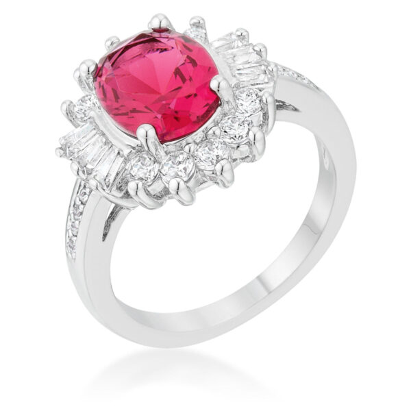 Aqua cubic zirconia ring with baguette and round cuts in prongs, rhodium plated over lead free alloy (brass).