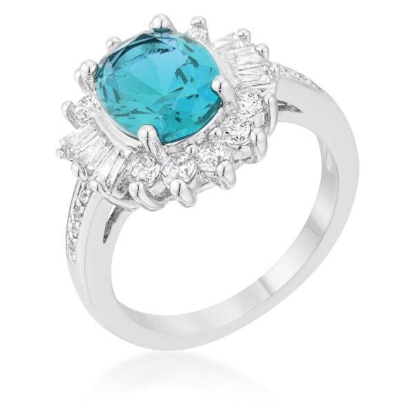 Aqua cubic zirconia classic ring in rhodium plated over lead free alloy (brass), with baguette and round stones in prong settings.