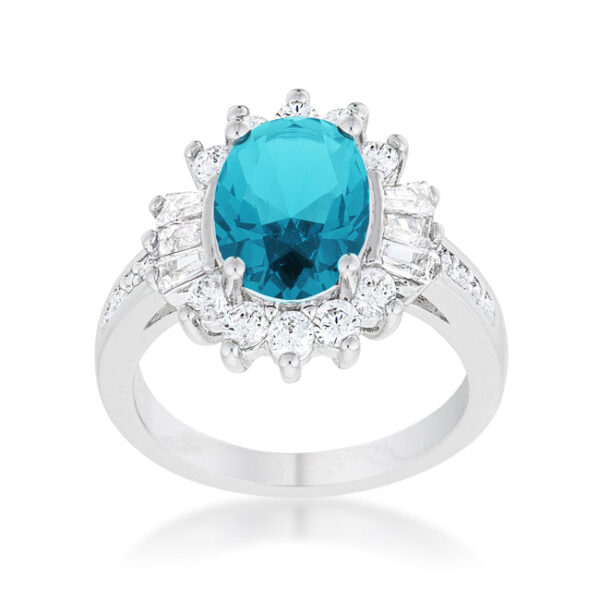 Classic aqua cubic zirconia ring, rhodium plated over lead free alloy (brass), with baguette and round stones in prong settings.