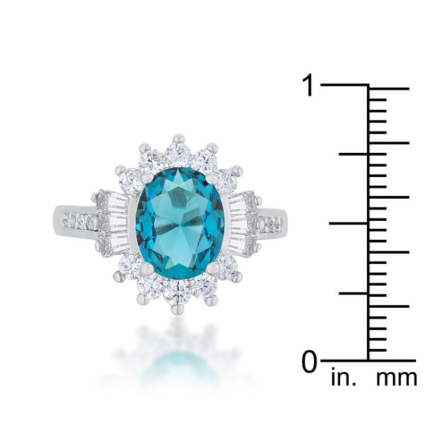 Aqua cubic zirconia ring with 2 (mm) accent stones, baguette and round cuts, and 3 ct total stone weight.
