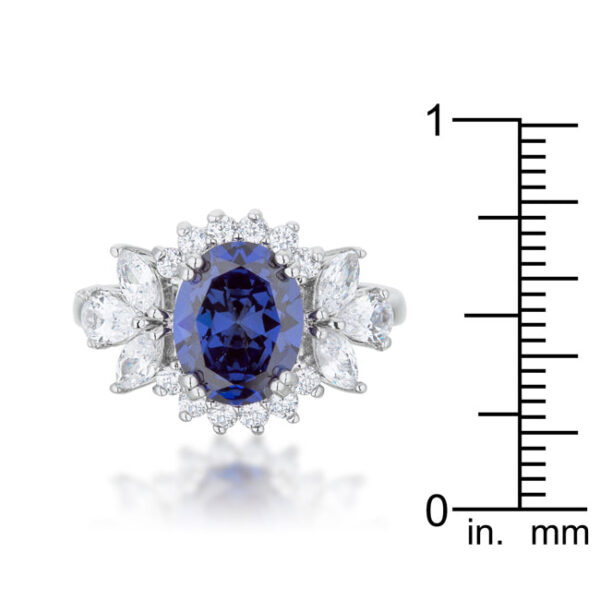 Classic ring with 4.2 ct total stone weight of round tanzanite-colored cubic zirconia in prongs.