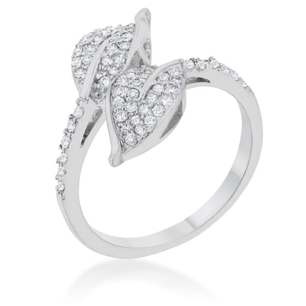 Leaf wrap ring in rhodium plated over lead free alloy (brass) with round 1 Mm cubic zirconia in a pave setting.