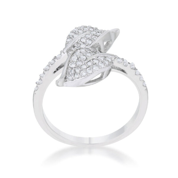 Contemporary leaf wrap ring, rhodium plated over lead free alloy (brass), with round cubic zirconia in a pave setting.