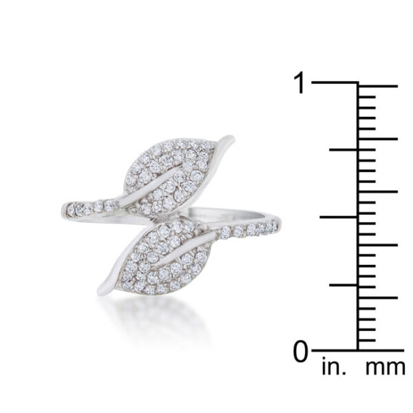 Round 1 Mm cubic zirconia in a pave-set leaf wrap ring of rhodium plated over lead free alloy (brass).