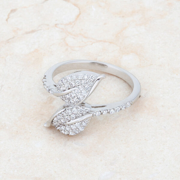 2mm contemporary leaf wrap ring in rhodium plated over lead free alloy (brass) with pave-set cubic zirconia.