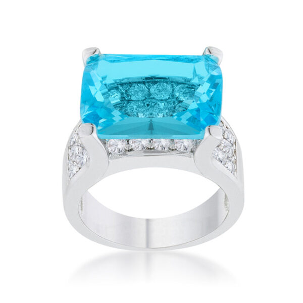 Round aqua cubic zirconia cocktail ring in prongs, rhodium plated over lead free alloy (brass)