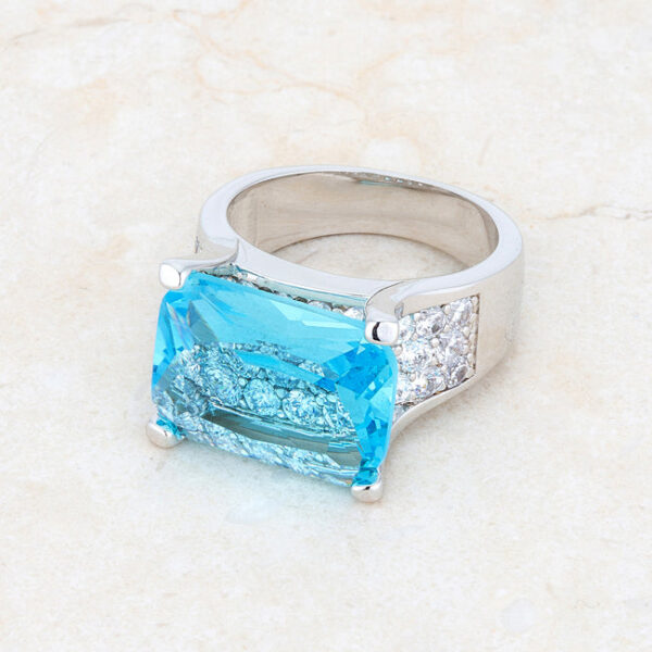 4.5mm cocktail ring with aqua cubic zirconia, rhodium plated over lead free alloy (brass)