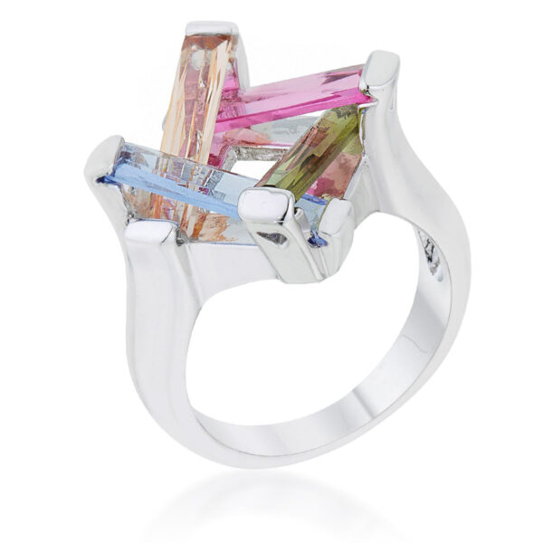 Multicolor cocktail ring with purple radiant-cut cubic zirconia in prongs and a rhodium plated over lead free alloy (brass) finish.