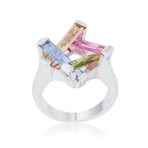 Purple radiant-cut cubic zirconia cocktail ring in prongs with 10 ct total stone weight.