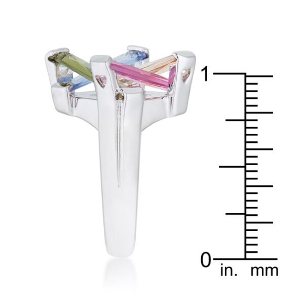 Purple cubic zirconia in cuts held in prongs on a multicolor cocktail ring.