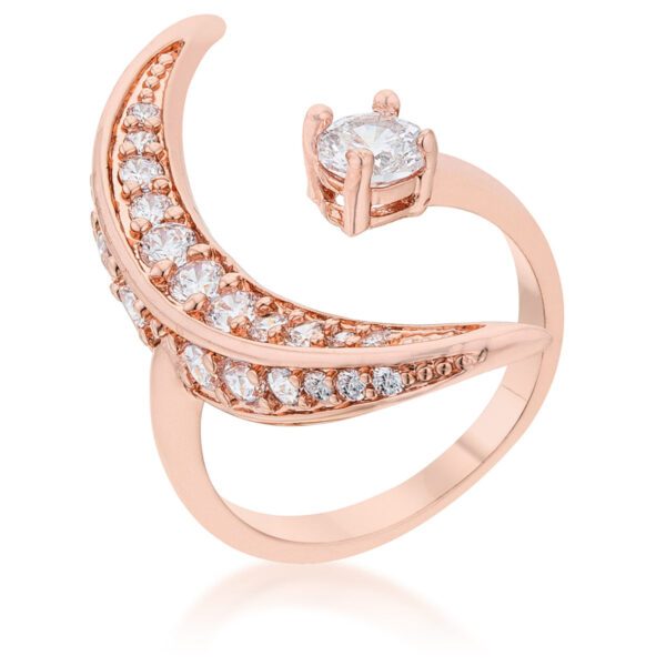 Luna ring in rose gold tone over lead free alloy (brass) with round cubic zirconia in prong settings.