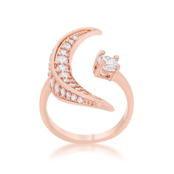Contemporary luna ring in rose gold tone over lead free alloy (brass) with round cubic zirconia in prong settings.