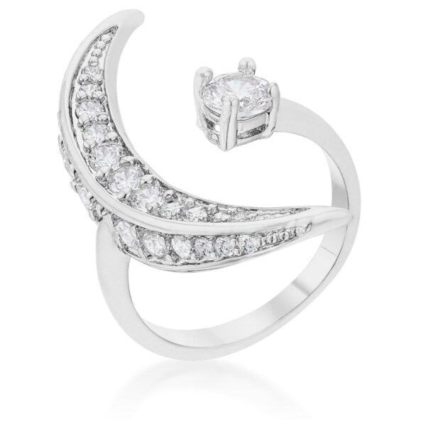 Luna delicate ring in rhodium plated over lead free alloy (brass) with round cubic zirconia in prongs.