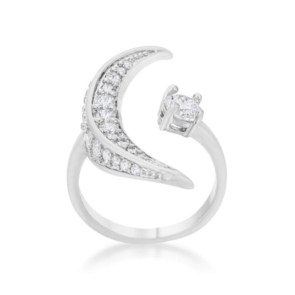 Round 1.5 (mm) cubic zirconia in prongs on a Luna ring of rhodium plated over lead free alloy (brass).