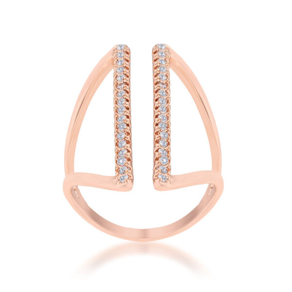 Parallel ring in rose gold tone over lead free alloy (brass) with a plated finish, round 1 Mm cubic zirconia, and a Pave setting.