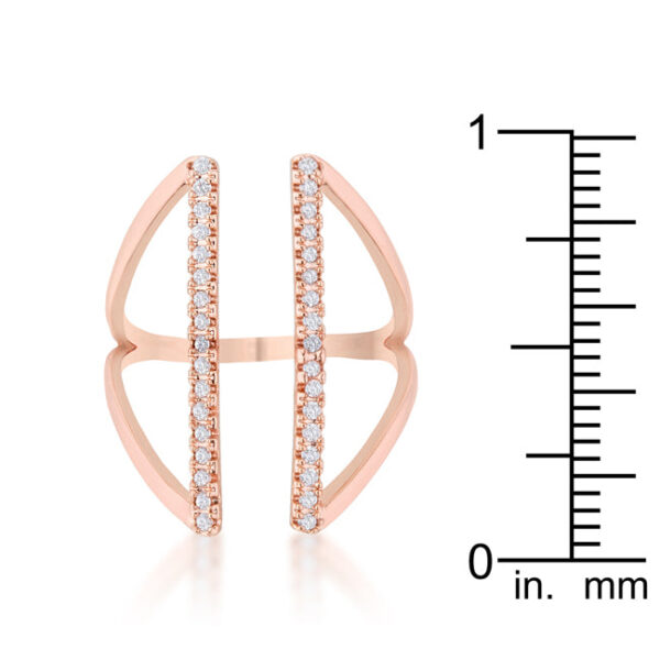 Contemporary parallel ring with round 1 Mm Pave-set cubic zirconia and a rose gold tone over lead free alloy (brass) plated finish.