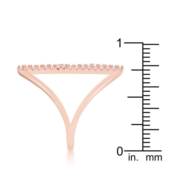 Rose gold tone over lead free alloy (brass) plated parallel ring with round cubic zirconia in a Pave setting.