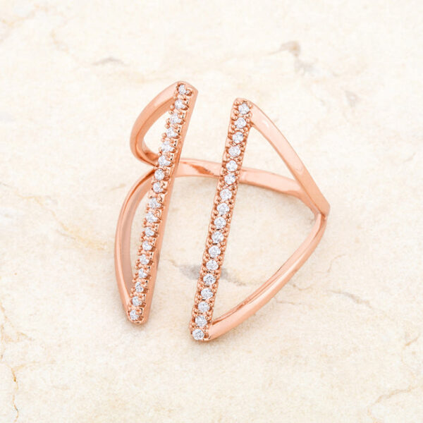 Delicate parallel ring, 1.5mm wide, with a rose gold tone over lead free alloy (brass) plated finish and round cubic zirconia.