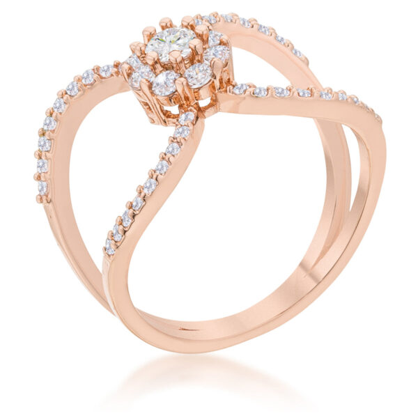 Floral wrap ring in rose gold tone over lead free alloy (brass) with round pave-set cubic zirconia.