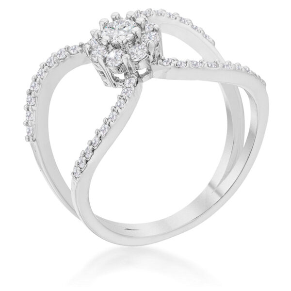 Floral wrap ring in rhodium plated over lead free alloy (brass) with round 1 Mm cubic zirconia in prongs.
