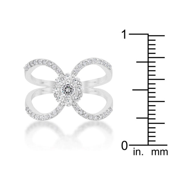 Contemporary floral wrap ring, 2.5mm wide, with round cubic zirconia in prongs.