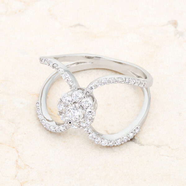 Contemporary floral wrap ring with round 1 Mm cubic zirconia in prongs.