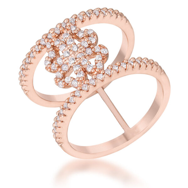 Clover wrap ring in rose gold tone over lead free alloy (brass) with round 1 Mm cubic zirconia in prongs.