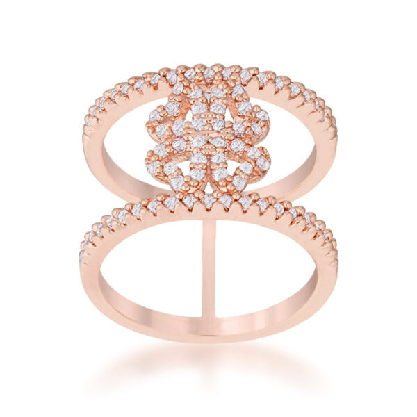 Contemporary clover wrap ring in rose gold tone over lead free alloy (brass) with round cubic zirconia in prongs.