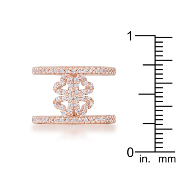 Round 1 Mm cubic zirconia in prongs on a clover wrap ring in rose gold tone over lead free alloy (brass).