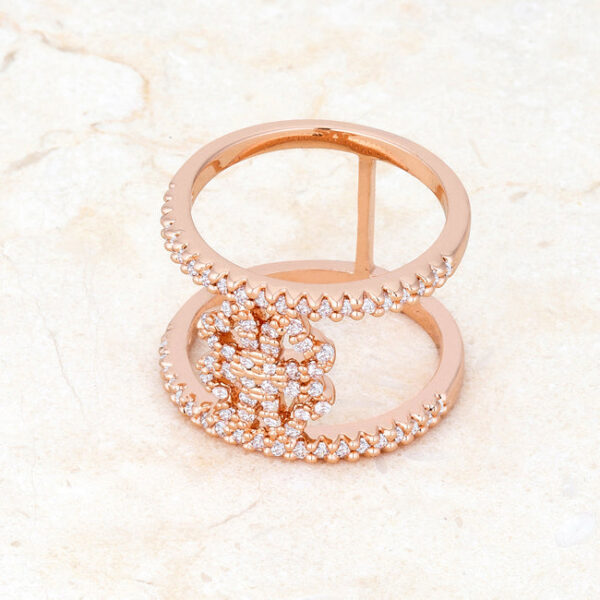 13mm clover wrap ring in rose gold tone over lead free alloy (brass) with round cubic zirconia in prongs.